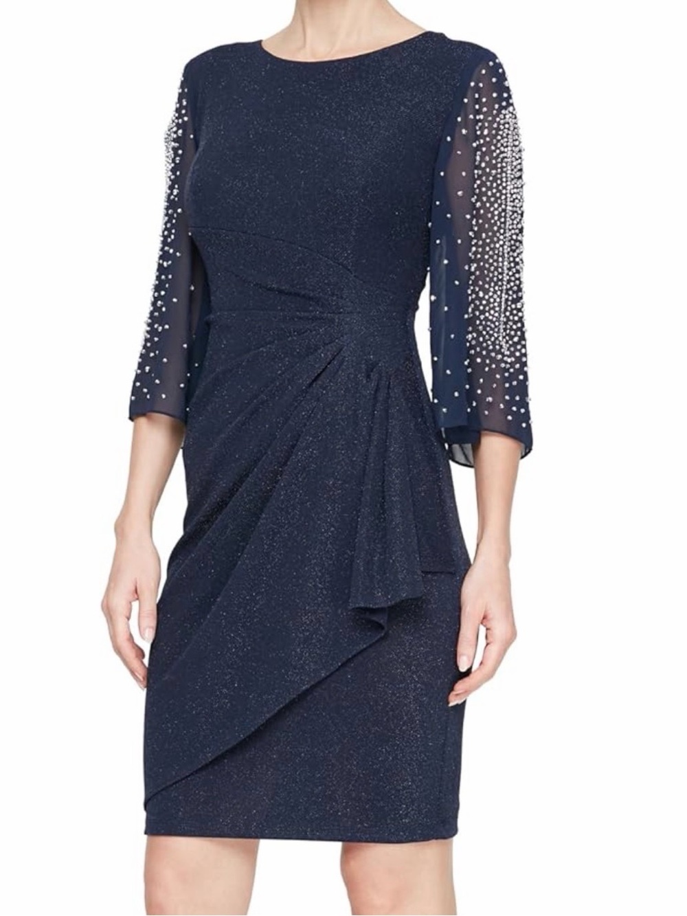 NWT Alex Evenings Navy Midi Sheath Dress Cascade Ruffle Embellished Sleeves, 6